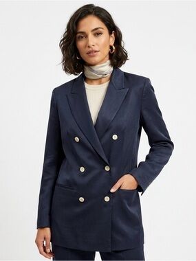 Luxurious 100% Silk Navy Double‑Breasted Structured Blazer Size 6 Quiet Luxury